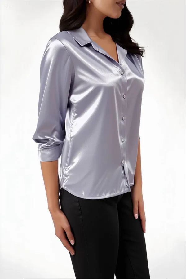 Kadın Gri Hafif Dökümlü Saten Yüzeyli Gömlek HZL22W-BD139641