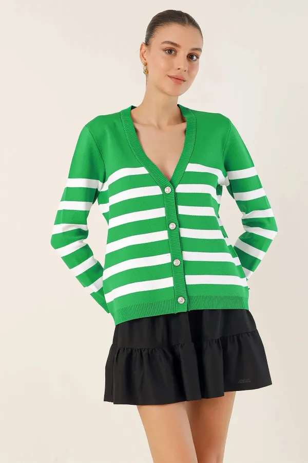 Cardigan en tricot à rayures vertes pour femme, coupe décontractée, col en V, HZL24W-BD1102151