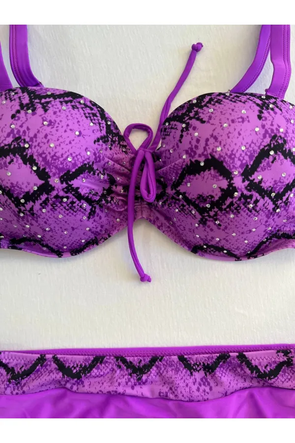 Kadın Lila Siyah Desenli Taş İşlemeli Toparlayıcı Bikini Takım HZL25S-LC3333