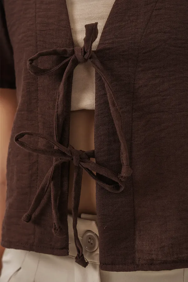 Kadın Kısa Kol Crop Bluz 958 - Kahverengi