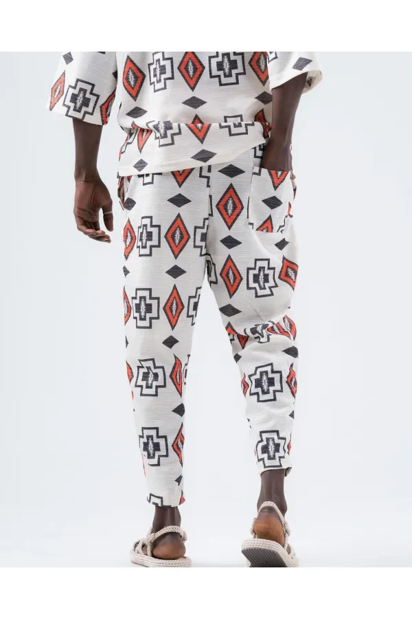 Pantalon de survêtement blanc à motif géométrique pour homme, coupe droite, taille nouée, HZL24S-MXC8948-149