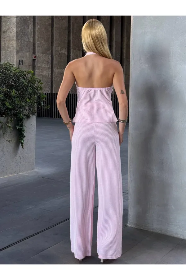 Kadın Pembe Çizgili Önü Fermuarlı Bluz Pantolon İkili Takım HZL25S-ZK13691