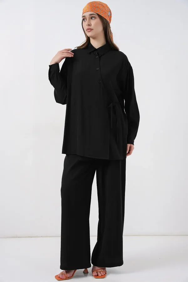 Ensemble deux pièces tunique et pantalon à lacets pour femme 6752 - Noir