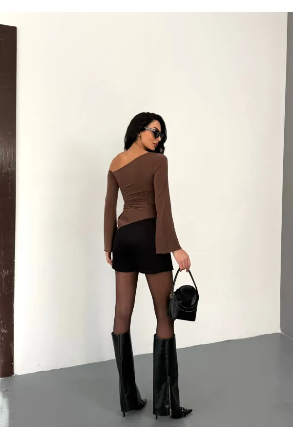 Kadın Kahve Asimetrik Kesim İspanyol Kol Beli Büzgülü Sandy Bluz HZL25W-FRY123591