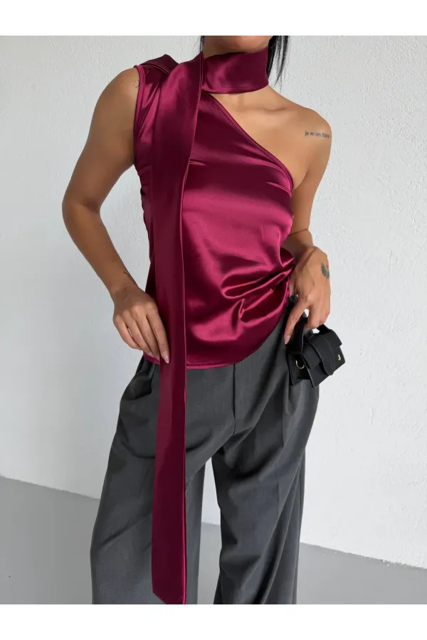 Women's Burgundy Satin Shawl Collar Asymmetrical Blouse with Tie Neckline HZL26W-FRY123731
