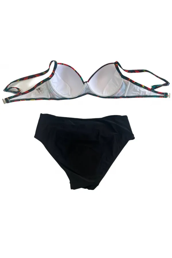 Women's Black Red Floral Patterned Lined Plus Size Bikini Set HZL25S-LC24108