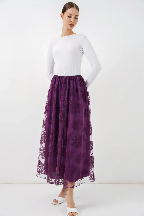 Women's Flock Print Long Tulle Skirt 8070 - Purple