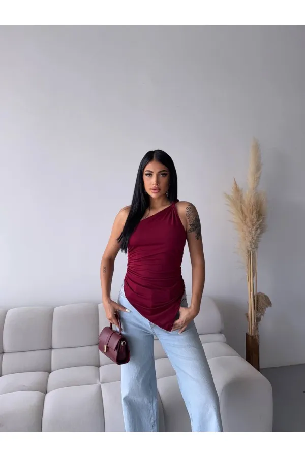 Kadın Bordo Tek Omuz Asimetrik Kesim Sandy Bluz HZL25S-FRY123241