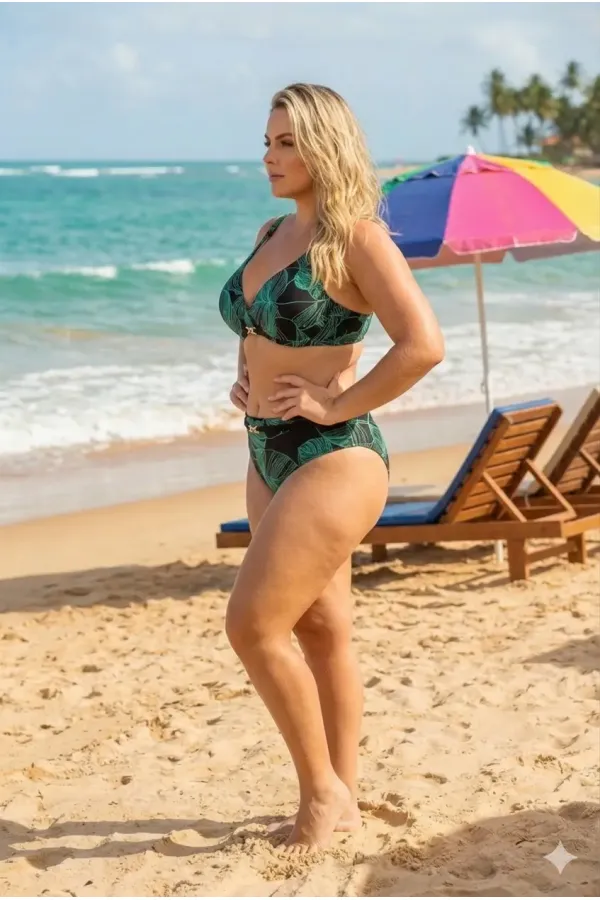 Kadın Siyah Açık Yeşil Aksesuar Detaylı Astarlı Büyük Beden Bikini Takımı HZL25S-LC25147