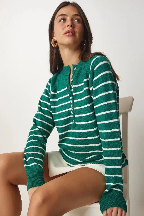 Pull rayé vert persan clair à manches ballon et col boutonné pour femme HZL23W-BD1101491