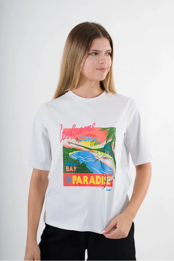Kadın Beyaz Paradise Baskılı Bisiklet Yaka T-Shirt HZL24S-YY302