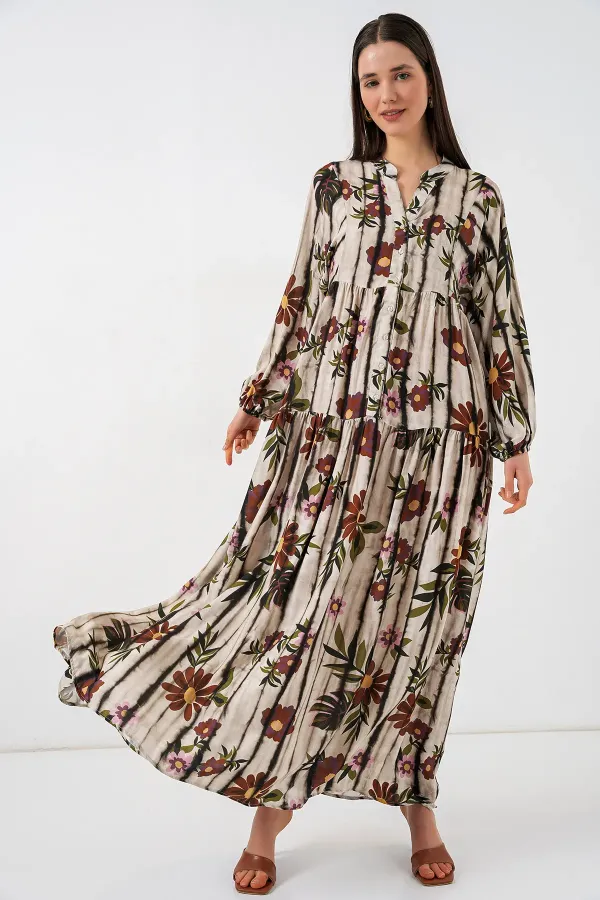 Robe longue hijab à motifs pour femme 2585 - Beige café