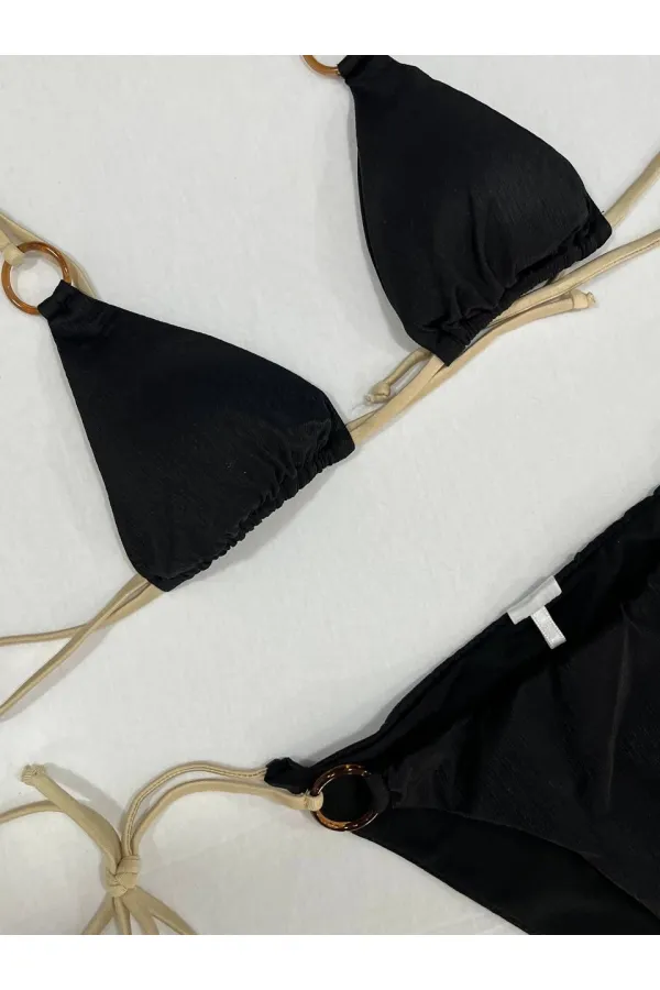 Kadın Siyah Halka Detaylı İp Bağlamalı Astarlı Bikini Takım HZL25S-AR1617