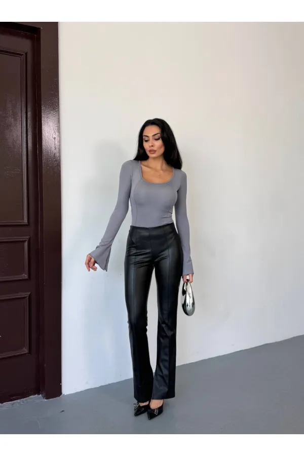 Kadın Gri Uzun Kollu Arkası Bağlamalı Fit Kesim Crop Bluz HZL25W-FRY122771