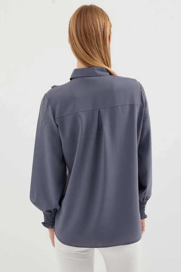 Kadın Gri Fırfır Detaylı Uzun Kollu Şık Gömlek HZL25W-BD1202231