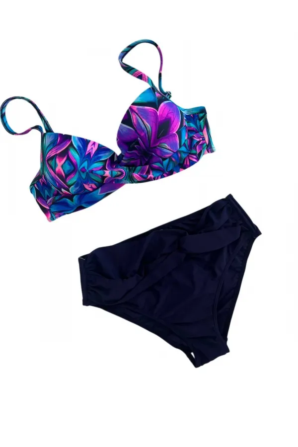 Women's Navy Blue Fuchsia Floral Patterned Lined Plus Size Bikini Set HZL25S-LC24108