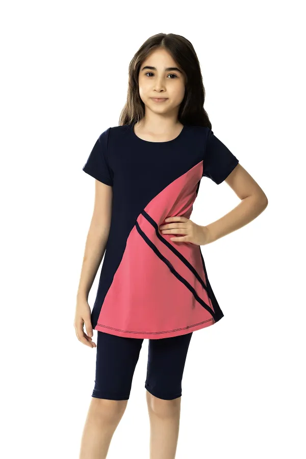 Girl Black Salmon Color Block 6-13 Years Half Sleeve Tights Swimsuit HZL24S-AR1172-01