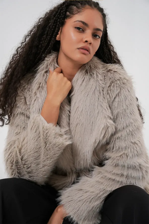 Women's Belted Oversize Fur Coat 9156 - Stone