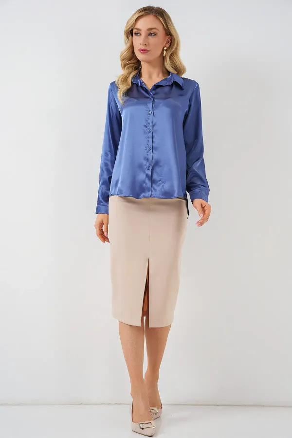 3964 Lightly Draped Satin Shirt - Dark Navy