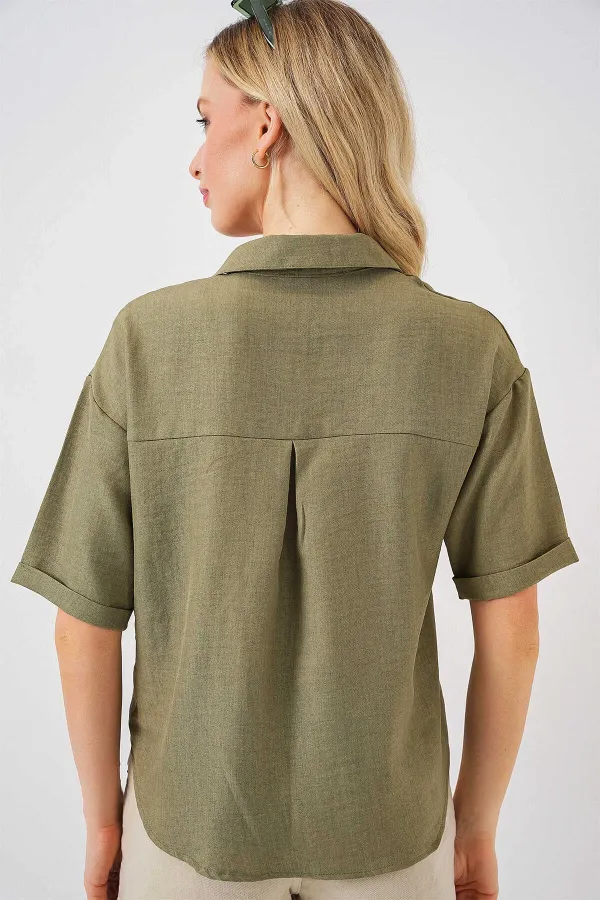 Kadın Haki Keten Görünümlü Crop Gömlek HZL25S-BD1203391