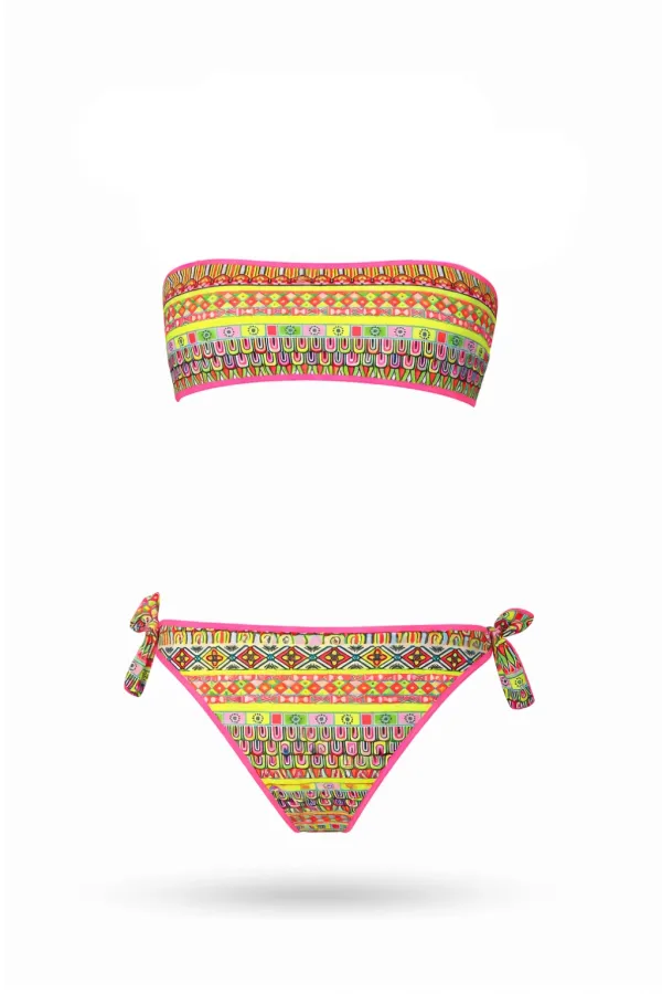 Girls' Salmon Neon Yellow Multicolored Lined Strapless Bikini Set for Ages 4-12 HZL24S-LC6355