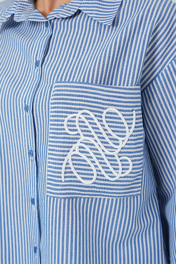 Women's Single Pocket Embroidered Shirt 20328 - Navy Blue