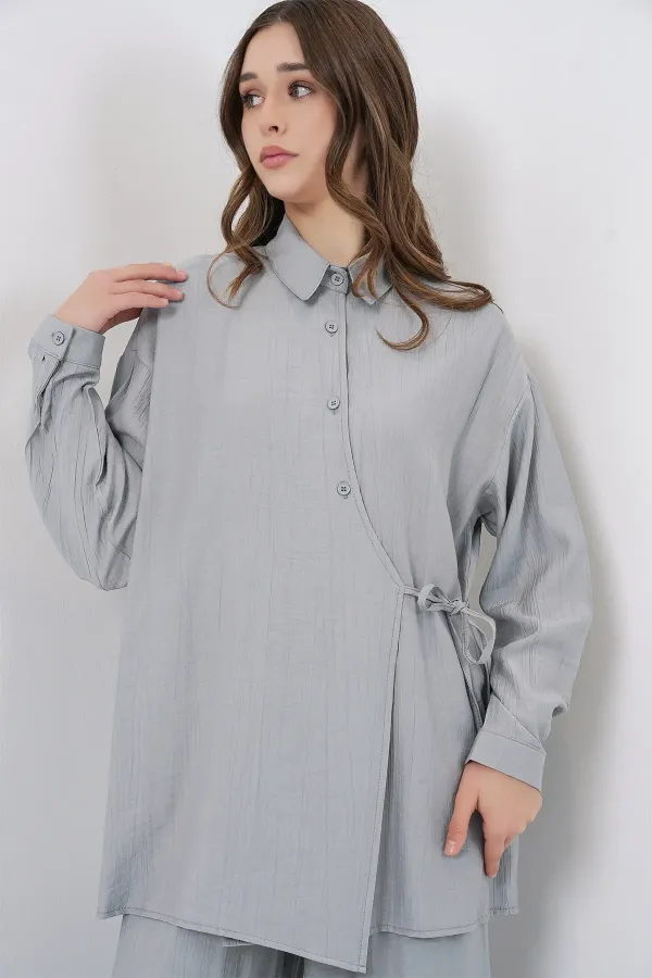 Ensemble deux pièces tunique et pantalon à lacets pour femme 6752 - Gris