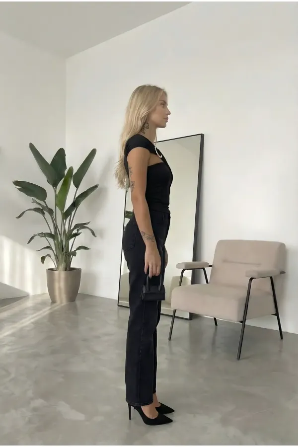 Women's Black Sandy Blouse with Gold Buckle Detail and Shoulder Drape HZL26W-FRY123741