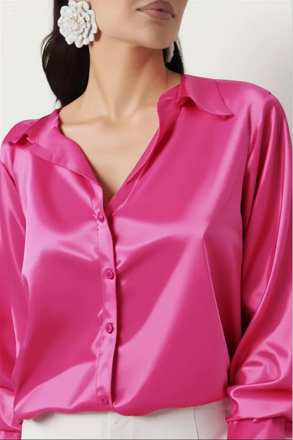 Kadın Canlı Pembe Hafif Dökümlü Saten Yüzeyli Gömlek Hzl22w-bd139641