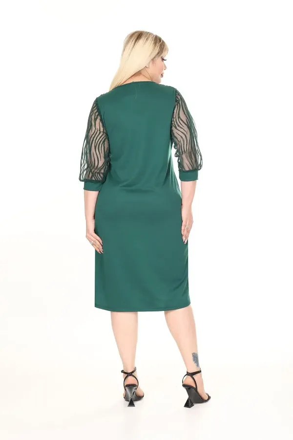 Kadın Zümrüt Yeşil Büyük Beden Flok Kol Elbise HZL26S-PR11161