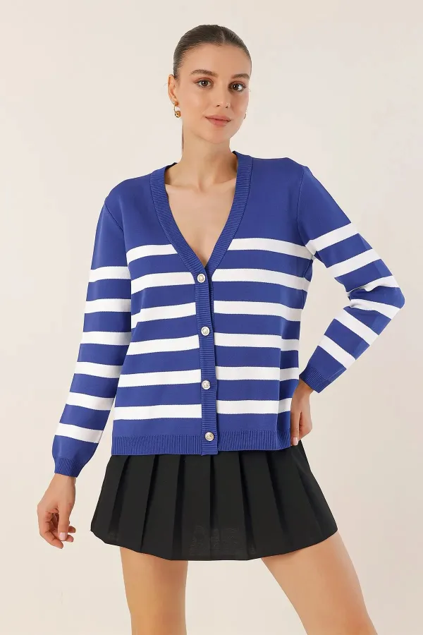 Cardigan en tricot à rayures bleu marine pour femme, coupe décontractée, col en V, HZL24W-BD1102151