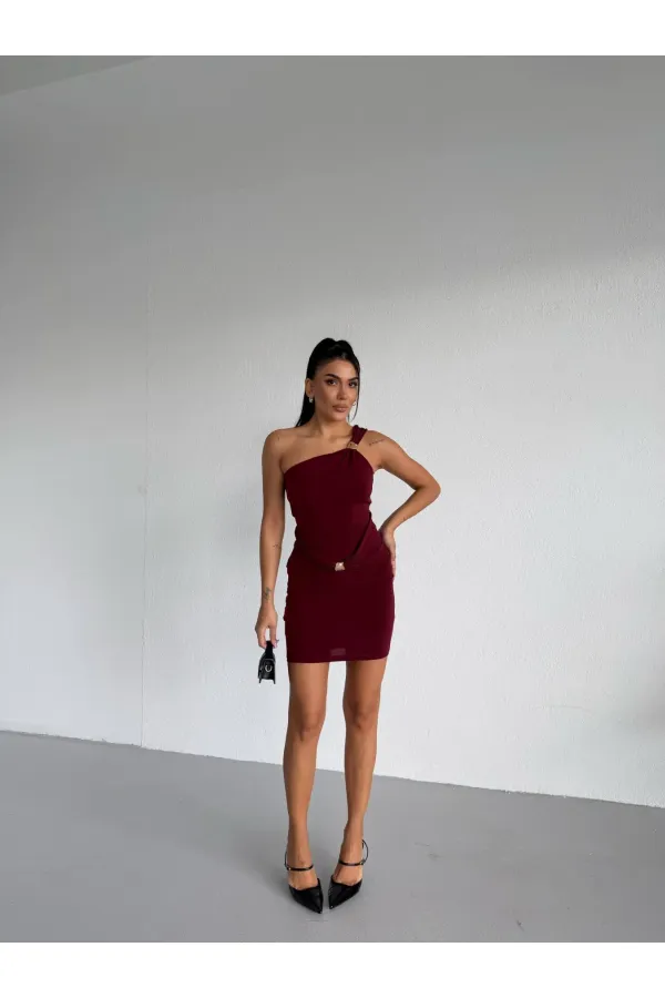 Women's Burgundy One-Shoulder Sandy Mini Dress with Gold Accessories HZL26W-FRY123781