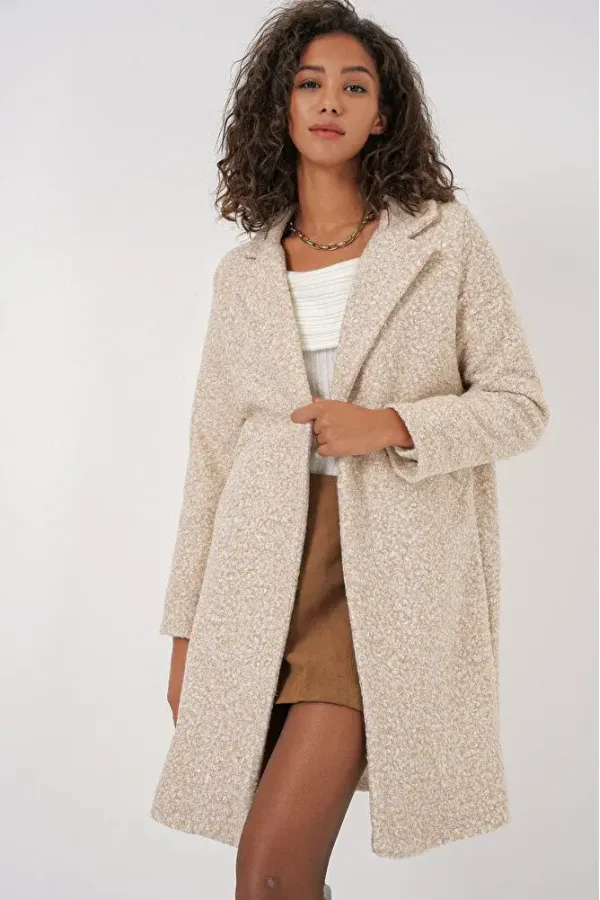 Manteau en cachemire bouclé doublé crème chiné pour femme, à un bouton et double poche HZL22W-BD190821
