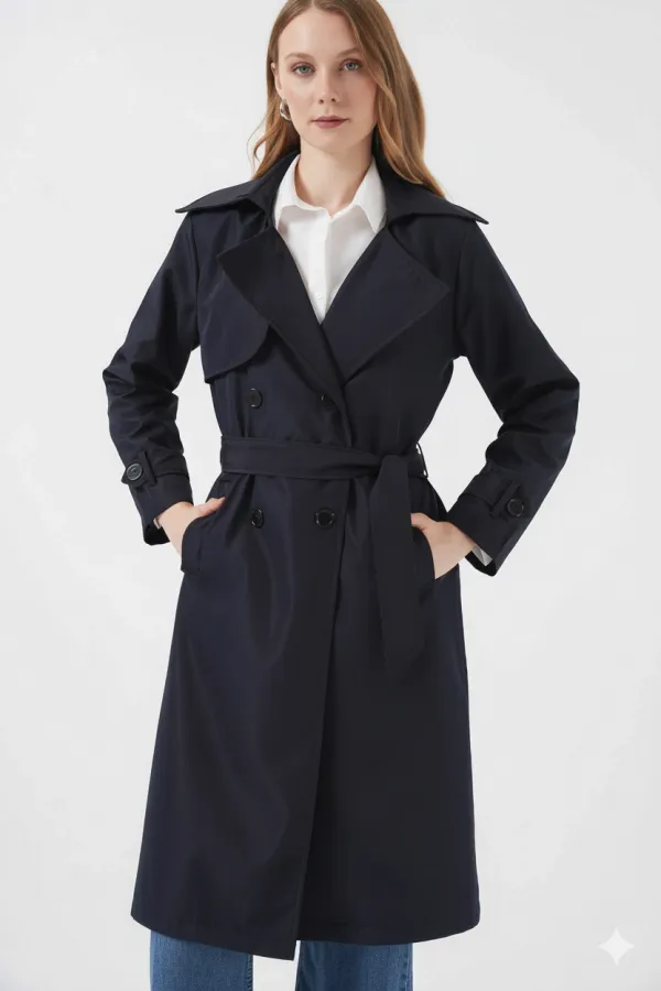 Kadın Lacivert Kruvaze Yaka Kuşaklı Astarlı Trençkot HZL25W-BD159181