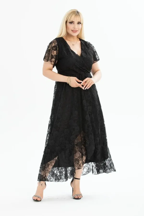 Kadın Siyah Büyük Beden V Yaka Astarlı Dantel Detaylı Şık Abiye Elbise HZL26S-PR11071