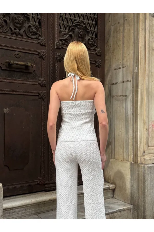 Kadın Beyaz Boyundan Bağlamalı Staplez Bluz HZL25S-ZK13581