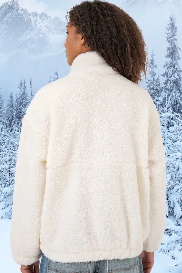 Veste zippée en fausse peau de mouton imprimée vert écru pour femme, doublée de peluche HZL25W-BD151941