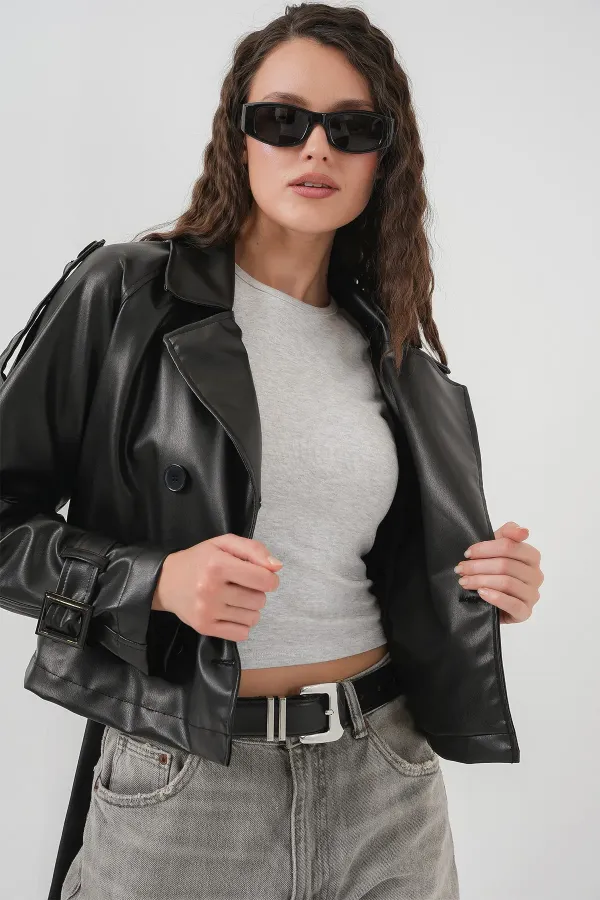 Women's Belted Faux Leather Jacket 1046 - Black