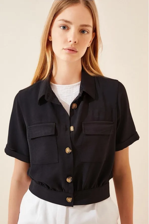 Women's Black Pocket Buttoned Short Sleeve Summer Crop Shirt Jacket HZL22S-BD106631