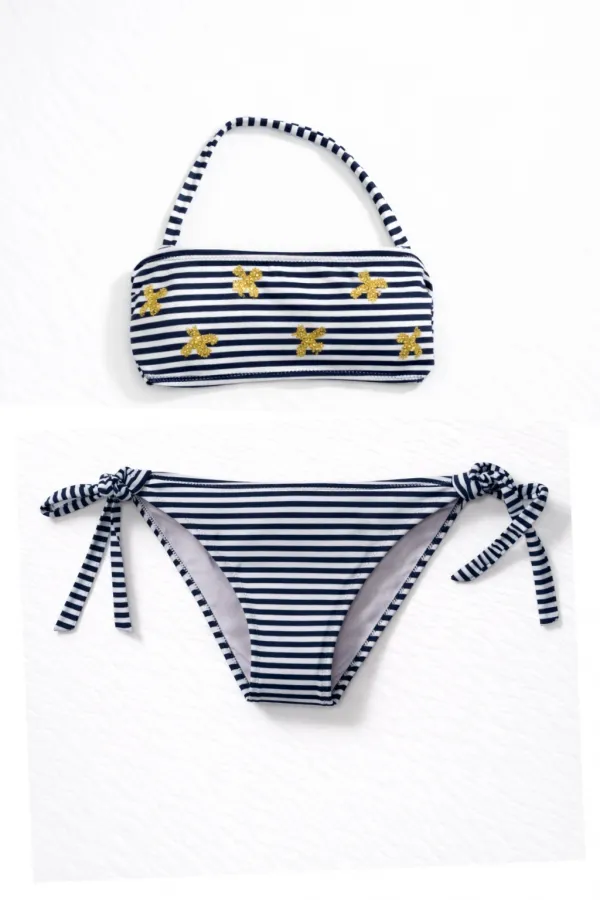 Kız Çocuk Lacivert Beyaz Çizgili Arı Çıkartmalı 4-12 Yaş Straplez Bikini Takım HZL24S-LC3228