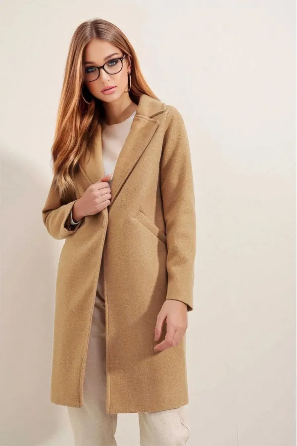 Manteau élégant en cachemire pour femme, doublé, à un bouton et deux poches, HZL23W-BD190851