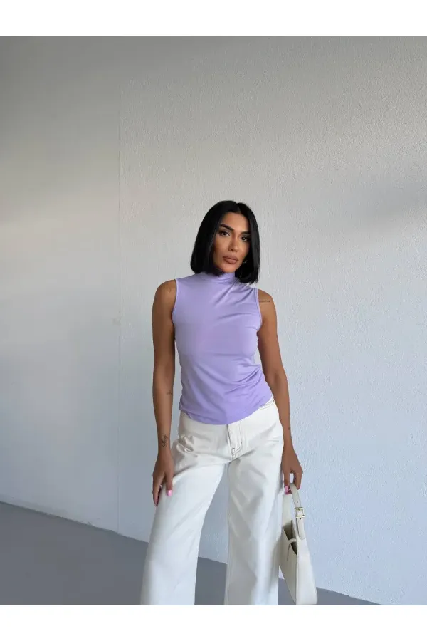 Women's Lilac Turtleneck Sleeveless Sandy Crop Blouse HZL26S-FRY123931 Women's Lilac Turtleneck Sleeveless Sandy Crop Blouse HZL26S-FRY123931