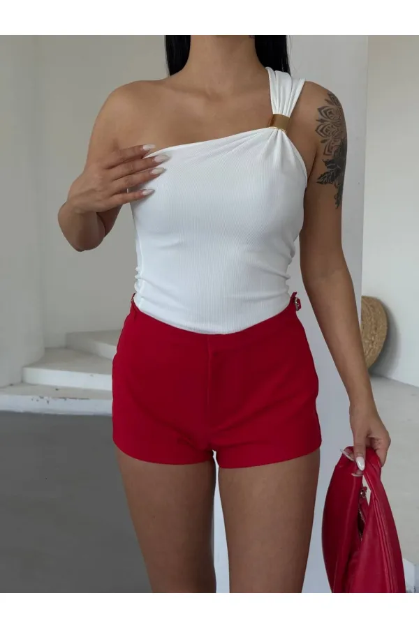 Women's White One Shoulder Gold Metal Detailed Blouse HZL25S-FRY123111