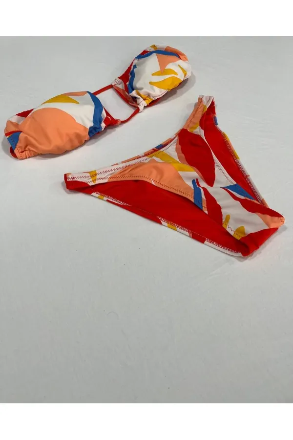 Ensemble bikini sans bretelles doublé à motifs tropicaux multicolores pour femme HZL25S-AR1666