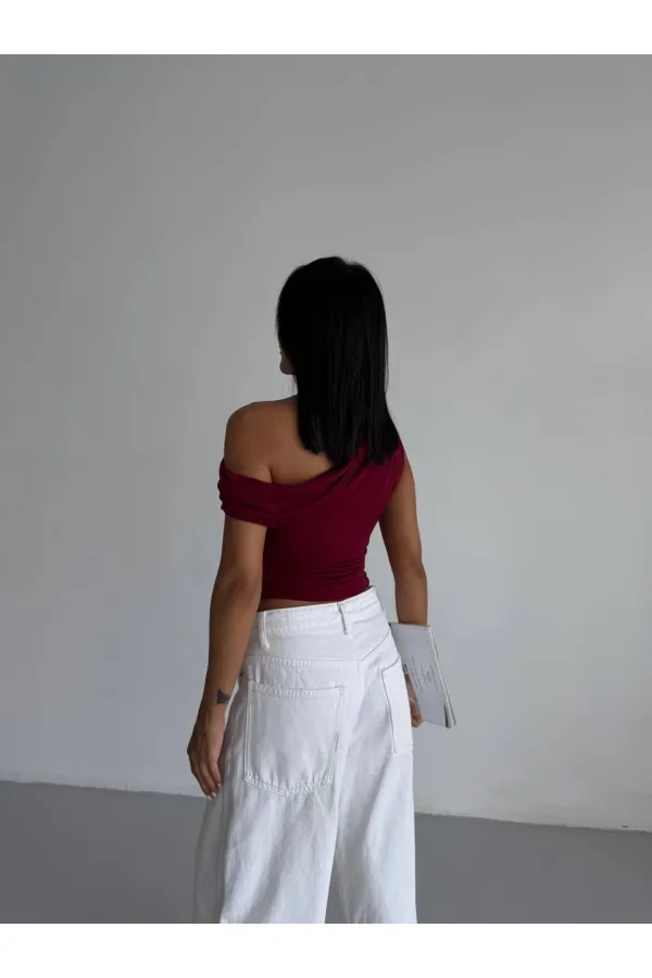 Kadın Bordo Yandan Drapeli Kayık Yaka Sandy Bluz HZL25S-FRY123201