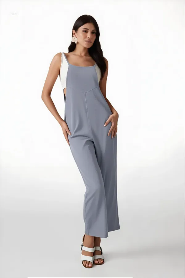 Women's Gray Adjustable Straps Pocket Wide Leg Gardener Overalls HZL22S-BD170191