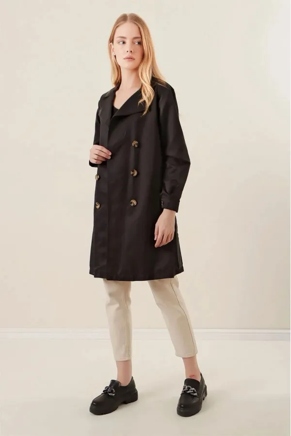 Trench-coat court noir à double boutonnage pour femme, non doublé, confortable et de saison, avec ceinture (HZL23S-BD158641)