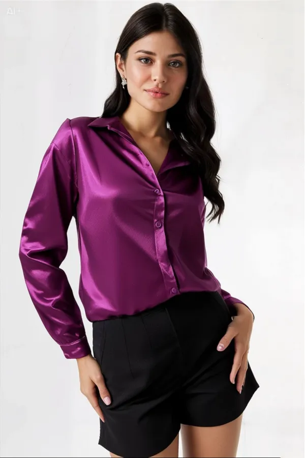 Kadın Mor Hafif Dökümlü Saten Yüzeyli Gömlek Hzl22w-bd139641