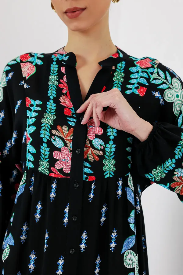 Robe hijab à motifs authentiques 2423 - Noir - Menthe