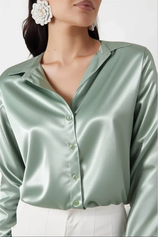 Kadın Çağla Yeşili Hafif Dökümlü Saten Yüzeyli Gömlek Hzl22w-bd139641